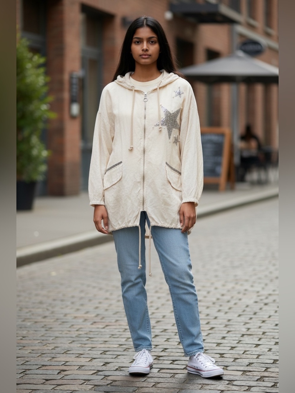 Linen Women's Cream Hooded Zip Jacket with Glitter Star Detail